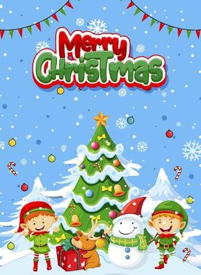 Merry Christmas poster design with elves and christmas tree