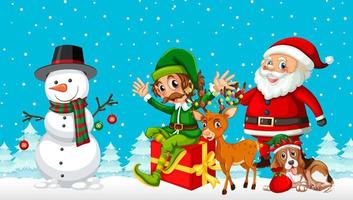 Santa Claus and friends in cartoon style on snowy blue background vector