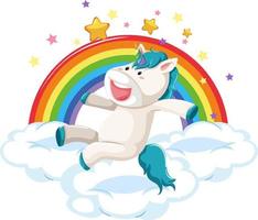 Cartoon unicorn jumping on a cloud with rainbow vector