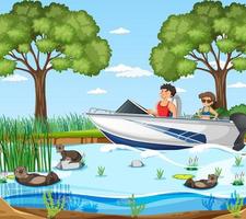 River forest scene with traveller on a speed boat vector