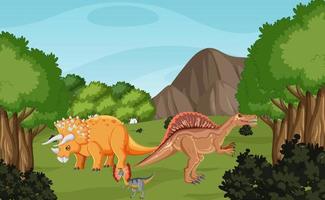 dinosaurio en la escena del bosque prehistórico vector