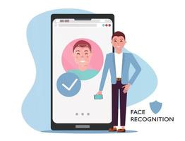 Face id concept. Man with mobile phone, male face on big smartphone screen. Personality Recognition in mobile app, modern phone with security system. Flat cartoon vector illustration