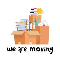 We are moving concept. Office cardboard boxes with stuff, documents folders, plant, goblet cup. Moving into a new office. Flat style vector illustration.