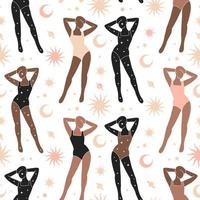 Seamless textile pattern with modern silhouette of woman dressed in swimsuit is standing opposite her cosmic reflection. Boho style vector illustration with female characters and heavenly bodies .