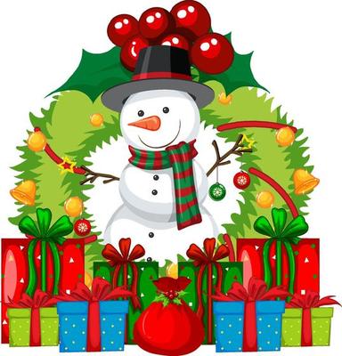 A snowman on Christmas wreath with many gift boxes