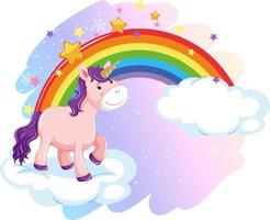 lindo unicornio parado en una nube con arco iris vector