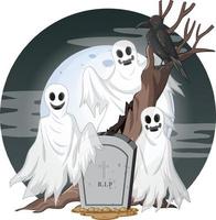 White scary ghosts on full moon background vector