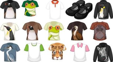 conjunto de diferentes camisetas y accesorios con estampados de animales. vector