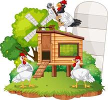 An isolated scene with a group of chickens in cartoon style vector