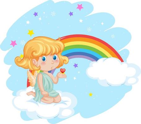 Angel girl on cloud with rainbow