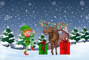 Snowy winter night with Christmas elf and moose vector