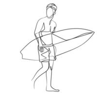 dibujo de línea continua de un surfista con una tabla de surf vector