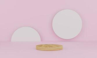 3d rendering. Abstract minimal scene with geometric. wood podium on pink background. Pedestal or platform for display, product presentation, mock up, show cosmetic product photo