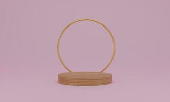 3d rendering. Abstract minimal scene with geometric. wood podium on pink background. Pedestal or platform for display, product presentation, mock up, show cosmetic product photo