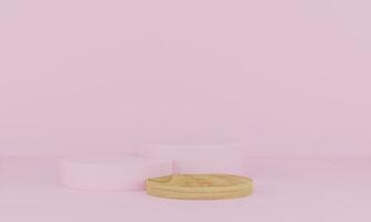 representación 3d escena mínima abstracta con geometría. podio de madera sobre fondo rosa. pedestal o plataforma para exhibición, presentación de productos, maquetas, exhibición de productos cosméticos foto