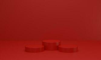 Empty red platform for showing product. podium in red studio room. 3d render photo