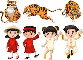 Set of asian kids and tigers vector