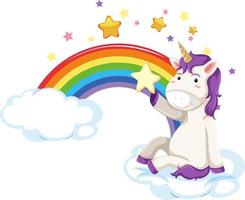 Purple unicorn sitting on a cloud with rainbow vector