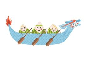 Dragon boat festival dumplings characters with oars in hand in beautiful blue boat. Flat vector illustration isolated on white background.