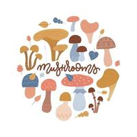 Round frame with forest mushrooms. Circle composition for card, banner or placard. Collection of different abstract mushrooms with roots. Isolated Vector flat hand drawn illustration