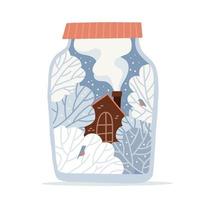 Closes lid glass jar with wintertime rustic landscape. House, snowy trees, birds, snow inside bottle. Glass container full of snowflakes. Vector flat hand drawn illustation.