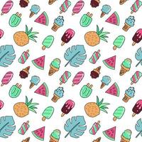 Seamless summer vacation icons pattern with ice cream, watermelon, pineapple and palm leaves. Vector hand drawn color outline illustration on white background