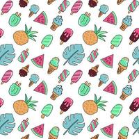 Seamless summer vacation icons pattern with ice cream, watermelon, pineapple and palm leaves. Vector hand drawn color outline illustration on white background