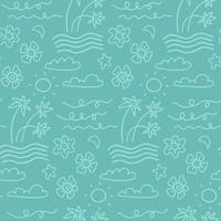 Island seamless pattern in the summer mood with waves, clouds, flowers, palm trees vector in hand drawn linear styledesign for fashion, fabric and all prints on light blue line