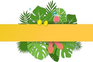 hojas de palma tropical de verano de moda, plantas. estilo de corte de papel. exótico verano hawaiano con gafas de sol, cóctel y chanclas. hermoso fondo floral amarillo. Ilustración de vector de palma monstera