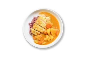 Japanese curry with rice, carrot, potato and deep fries chicken in white dish isolated on white background, clipping path. photo