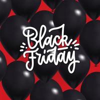 Black Friday Sale Poster with Shiny balck Balloons on red Background with lettering hand written text. Vector realistic illustration.