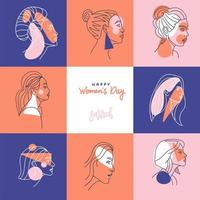 Square Greeting card for international women s day or eight of march for banner, poster, social media post, landing page. Abstract linear Portraits of different female characters. Vector linear design