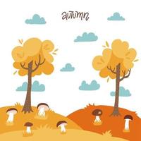 Autumn yellow landscape with trees, mushrooms, cloudy sky, Warm sunny Forest. Flat vector background. Season view, time of year