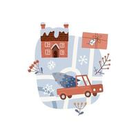 linda tarjeta de felicitación de navidad - plantilla de invitación con mapa de ciudad nevada. calles, casas y autos dibujados a mano. diseño escandinavo de invierno. fondo de ilustración vectorial dibujado a mano plana. vector