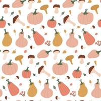 Seamless autumn pattern with leaves, pumpkins, mushrooms and branches on white background. Flat hand drawn vector illustration.