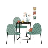 Modern dining room furniture. Metal house decor, decoration.Iron table with chairs, vase and pictures. Scandinavian trendy style. Simple interior design trend. Flat hand drawn vector illustration.