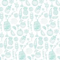 Summer beach Seamless pattern with hand drawn elements -Drinks and fruits. Glass of beverage linear vector illustration.