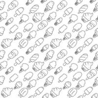 Ice cream Hand Drawn Pattern. Drawing Sundae, Sorbet, Lolly. Summer Seamless Background. Sketch Icons of Icecream. Handdrawn black and white Vector Illustration in doodle style.