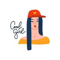 Young woman with long dark hair wearing baseball cap and terndy t-shirt. Female character. Cool girl lettering quote. Vector flat hand drawn illustration