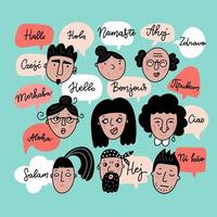 Group of people with speech clouds of different foreign languages saying hello. Doodle color hand drawn vector illustration.