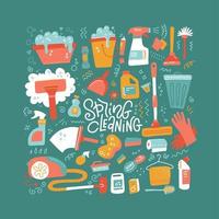 Cleaning tools with lettering in color doodle style. Spring cleaning text. Instruments for washing set. Purifying service. Bucket, broom and detergent. Vector flat hand drawn illustration.