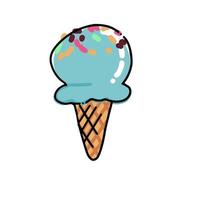 Blue Ice Cream in waffle cone Sketch. Hand drawn cartoon isolated illustration on a white background. Sweet delicious cold dessert food, snack. Stylized drawing cartoon Line art. Doodle. vector