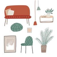 Trendy scandinavian furniture set. Vintage couch, armchair, coffee table, wall picture, houseplants. Cozy home interior design elements pack. Apartment furnishing composition. Flat vector illustration