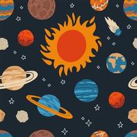 Seamless pattern with sum and planet of solar system in galaxy. Celestial objects in outer space. Astronomical bodies on dark background. Flat vector illustration for print, textile