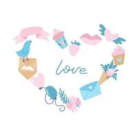 Happy Valentines day banner. heart shaped frame of the envelope, cupcake, flower and balloons. Romantic flan hand drawn vector background