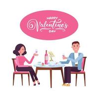 Young adult couple drinking red wine after romantic dinner together in elegant restaurant. Romantic Valentine s day date of man and woman in cafe. People in love greeting card vector