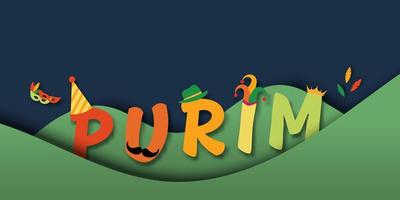 Purim carnival and festival concept. Colorful Purim with the green hill on dark blue background with hat, crown, fancy mask, David star for greeting card, banner, website. Jewish holiday. photo