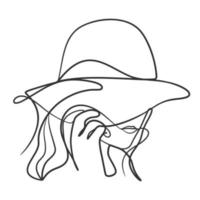 Continuous line art drawing of woman face with hat vector