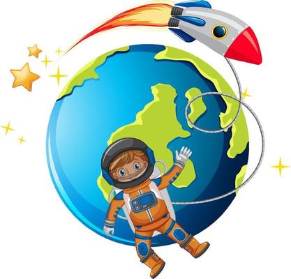 An astronaut with rocketship and earth planet