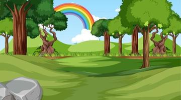 escena del bosque natural con arco iris en el cielo vector